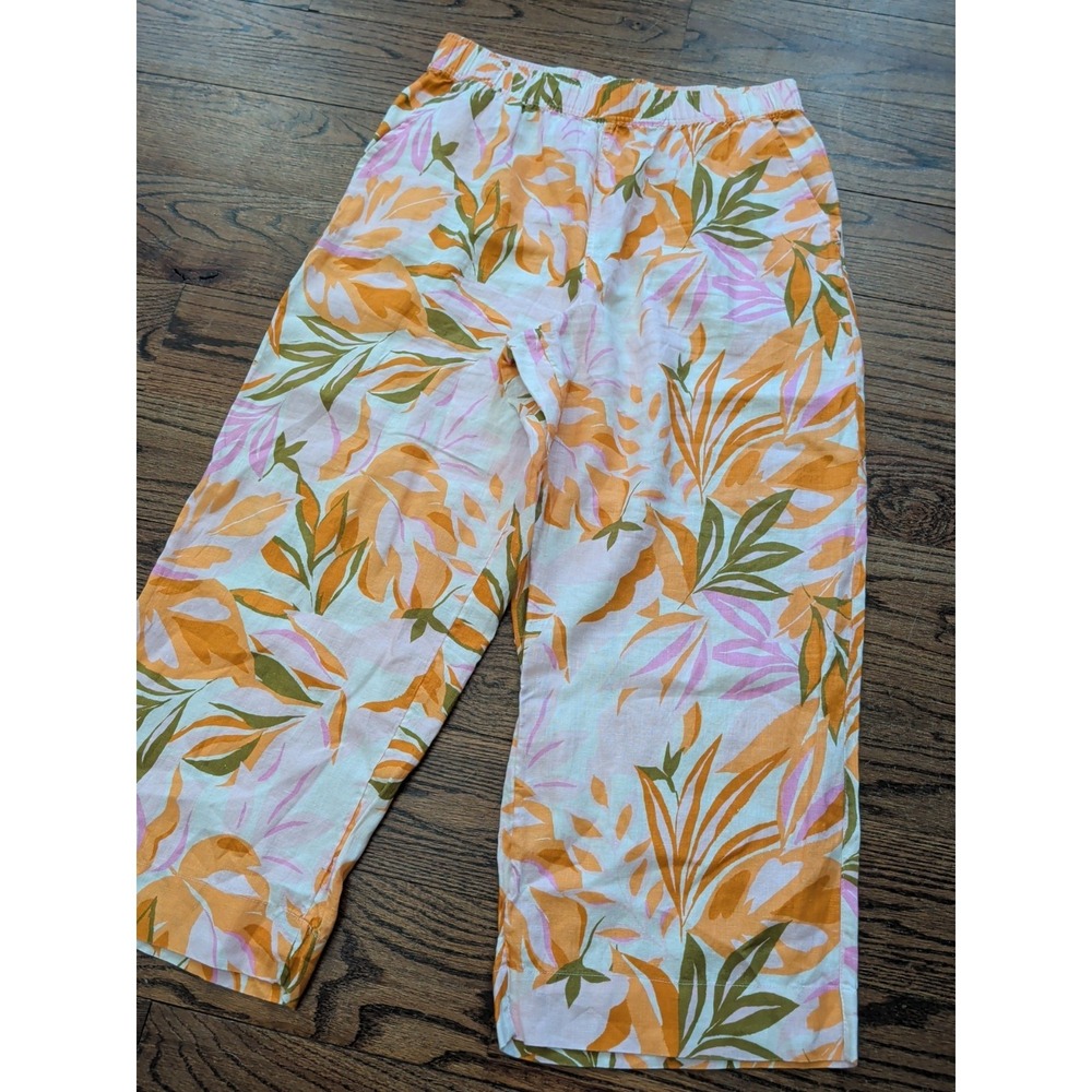 C&C California Linen Pants Women L Wide Leg Orange Pink Floral Pockets Tropical